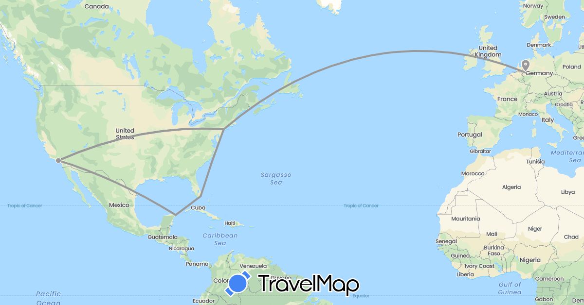 TravelMap itinerary: driving, plane in Germany, Mexico, United States (Europe, North America)
